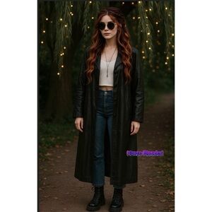 Vintage 90's Long Black Leather Trench Coat Holographic Boho Print Floor Length